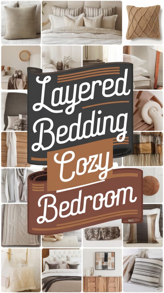 A collage of cozy layered bedding designs and pillows in neutral tones, with text reading "Layered Bedding Cozy Bedroom" in the center.