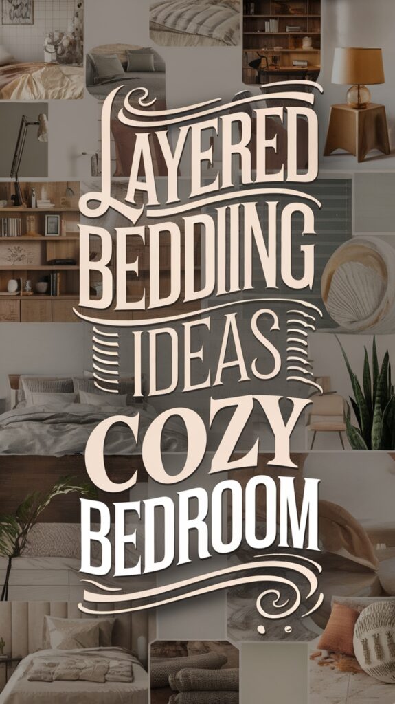 Text "Layered Bedding Ideas Cozy Bedroom" over a collage of various bedding images and cozy bedroom decor.