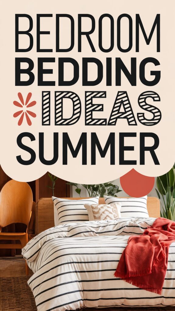 Text: "Bedroom Bedding Ideas Summer" above a bed with striped sheets and a red throw blanket.