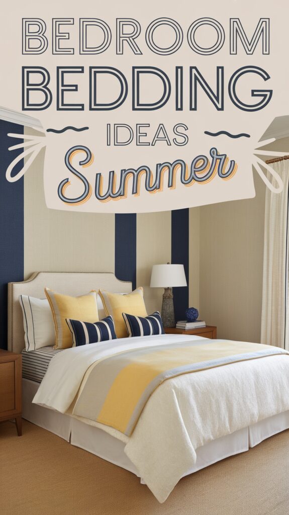 A neatly made bed with yellow, white, and gray bedding in a room featuring a modern design with striped pillows and a bedside lamp.