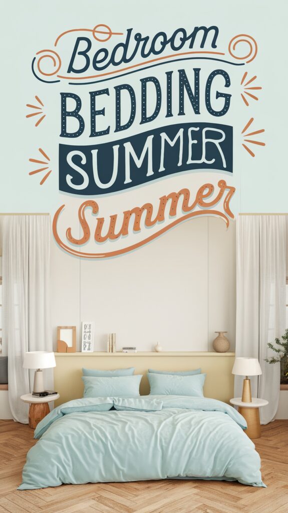 A stylish bedroom with light blue bedding, two nightstands, and modern decor.