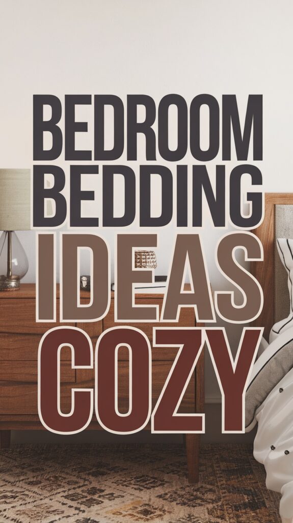 Text overlaying a bedroom scene reads "Bedroom Bedding Ideas Cozy," with a wooden nightstand and bed visible.