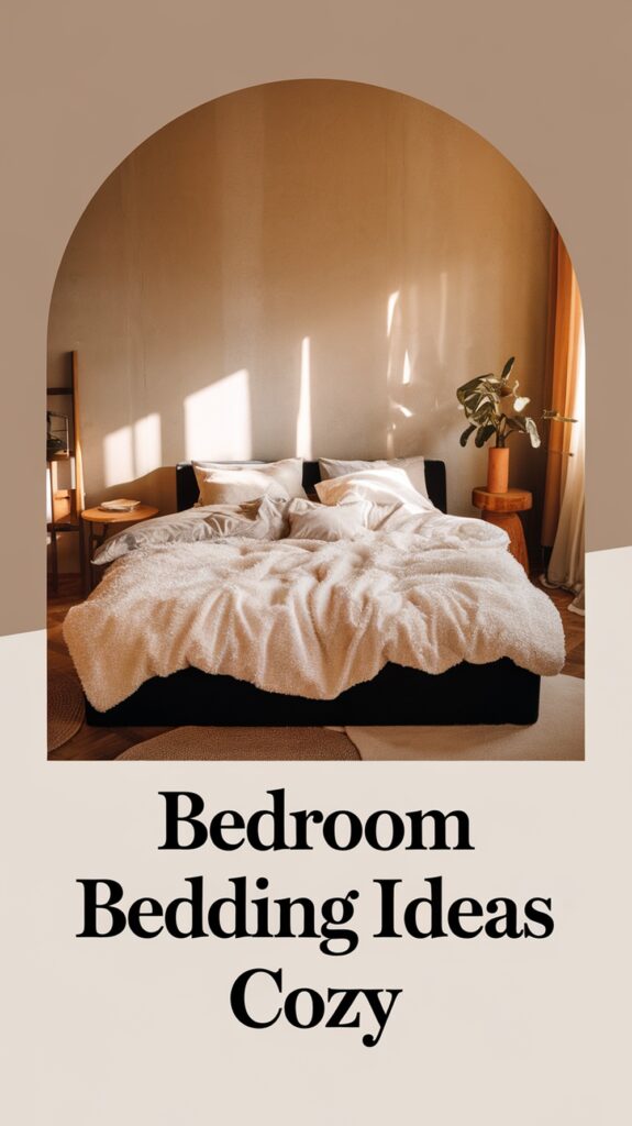 Cozy bedroom with a rumpled bed and a plant on a wooden side table, illuminated by warm sunlight.