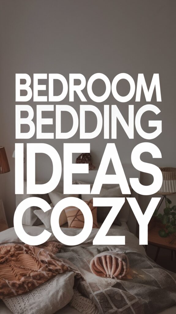 Bedroom with warm, textured blankets on a neatly made bed; large white text overlaid reads "Bedroom Bedding Ideas Cozy."