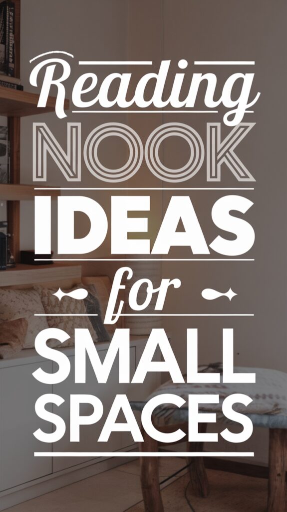 Text reads "Reading Nook Ideas for Small Spaces" over a cozy living area with shelves and a wooden table.