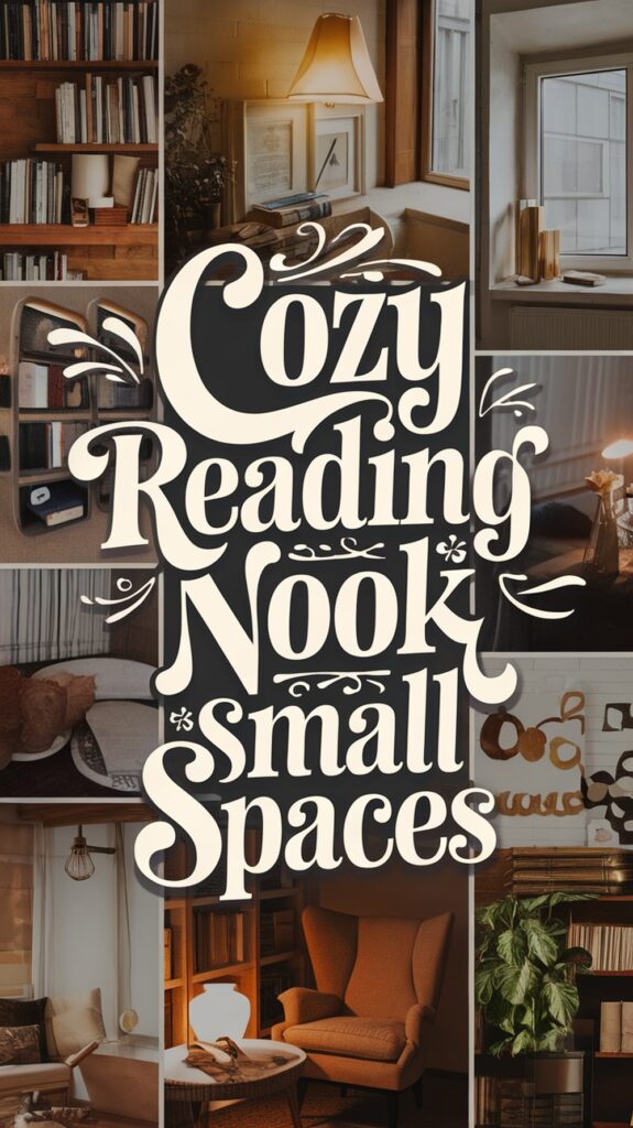 Collage of cozy reading nooks with books, armchairs, lamps, and decoration with the phrase "Cozy Reading Nook in small spaces."