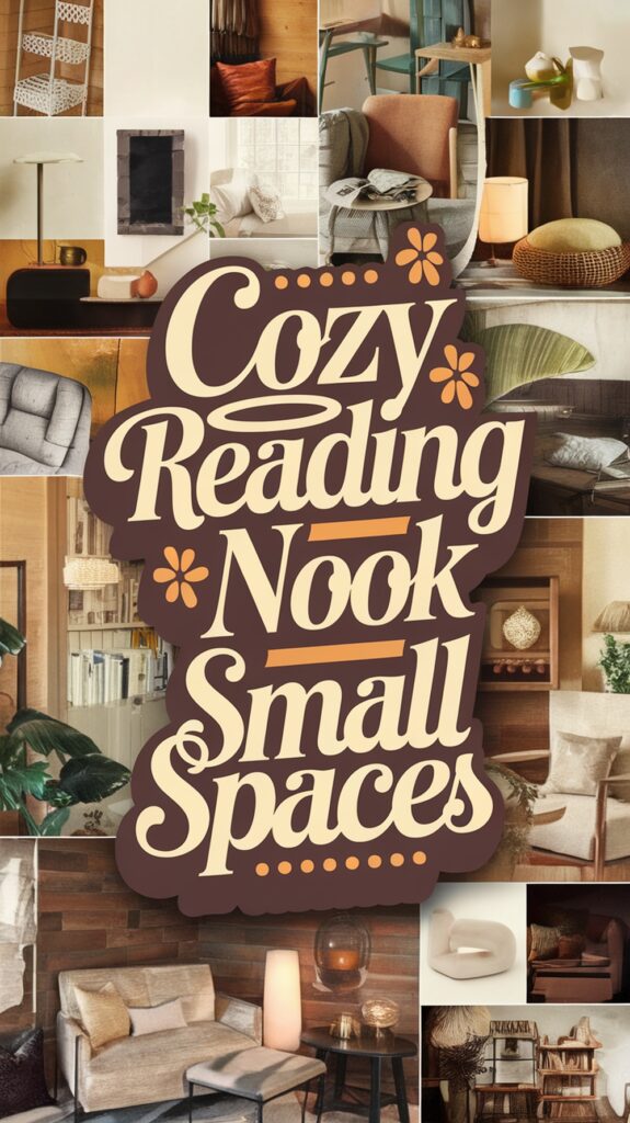 Collage of small reading nooks with cozy seating and decor, featuring the text "Cozy Reading Nook Small Spaces."