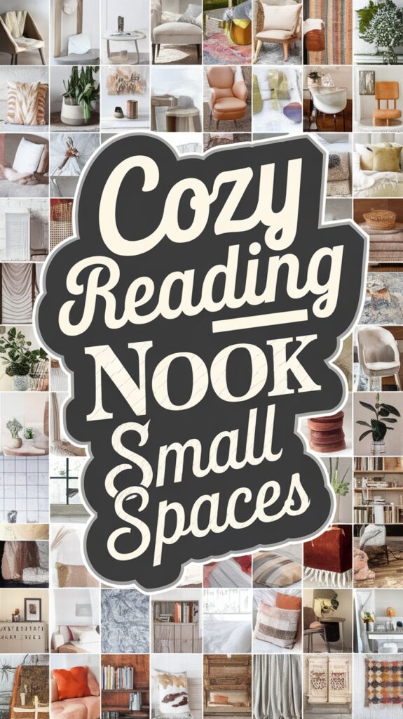 Collage of cozy reading nooks and small spaces with the text "Cozy Reading Nook Small Spaces" in the center.