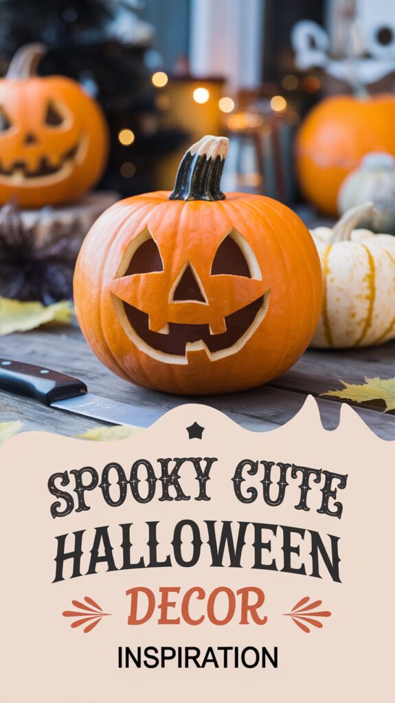 Smiling carved pumpkin surrounded by Halloween decor with text "Spooky Cute Halloween Decor Inspiration."
