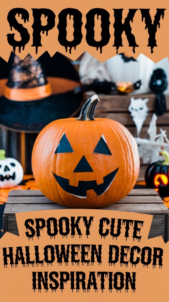 A carved pumpkin with a jack-o'-lantern face is surrounded by Halloween decorations, including a witch hat and skull.