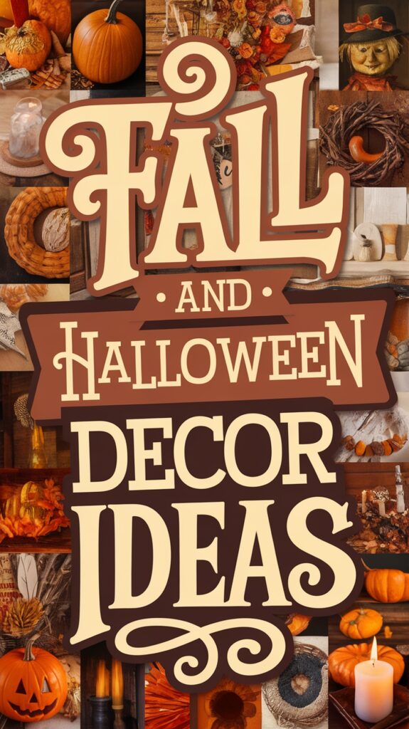 Collage of fall and Halloween decor ideas featuring pumpkins, wreaths, leaves, and themed decorations around bold text.