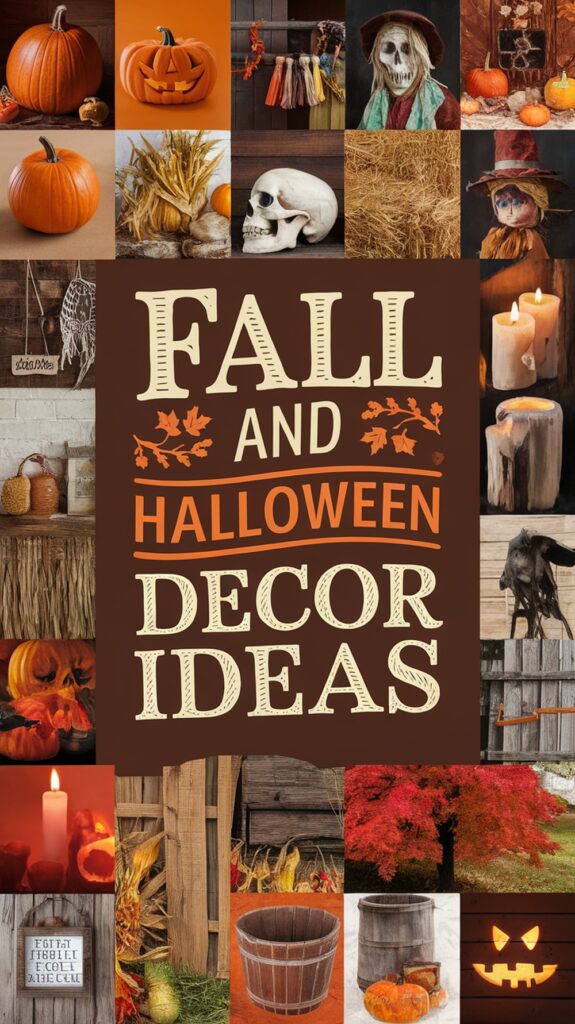Collage of fall and Halloween decor including pumpkins, skulls, autumn leaves, and candles with text "Fall and Halloween Decor Ideas."