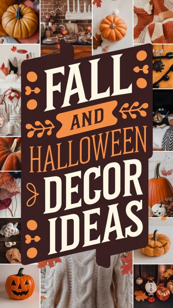 Collage of fall and Halloween decor with pumpkins, leaves, sweaters, and a sign reading "Fall and Halloween Decor Ideas."