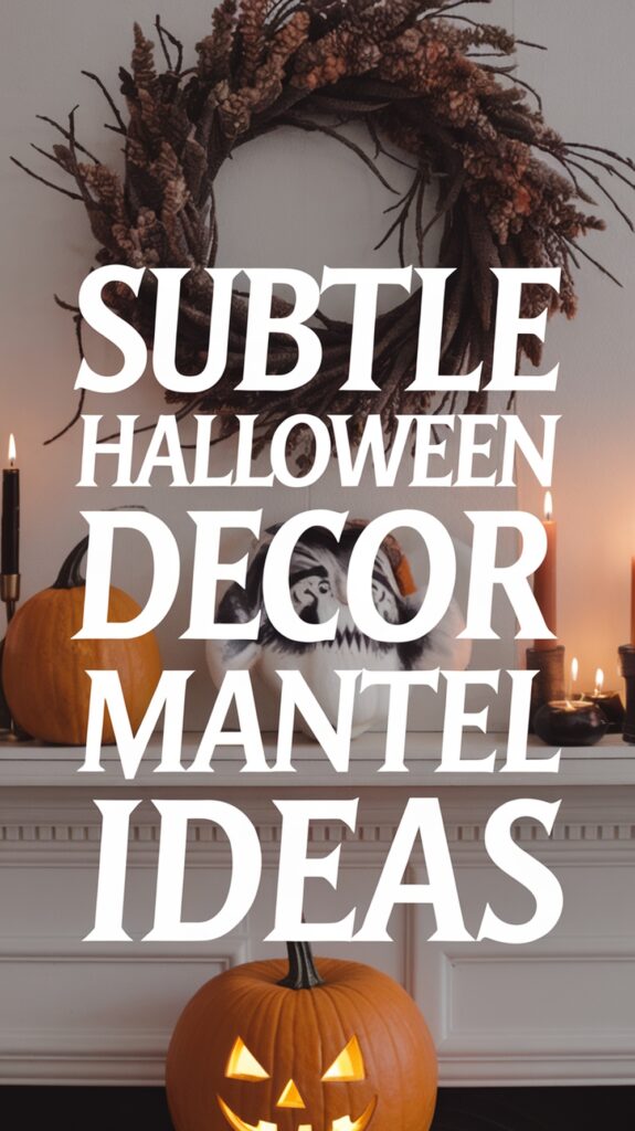 Halloween mantel with pumpkins, candles, and a wreath. Text on image reads, "Subtle Halloween Decor Mantel Ideas."
