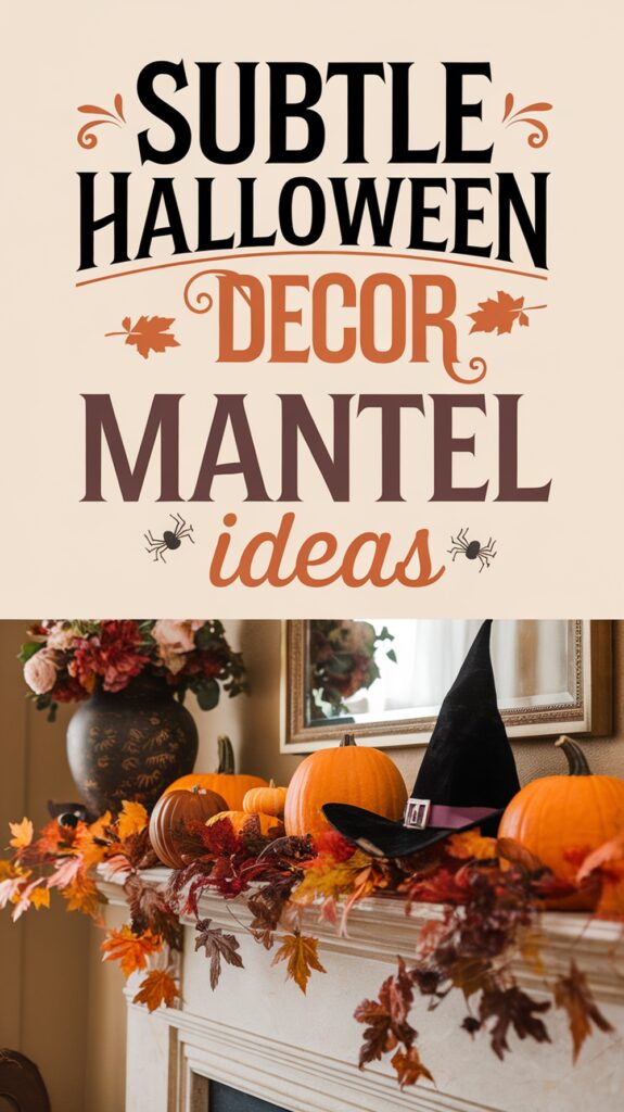 Text reads "Subtle Halloween Decor Mantel Ideas" above an image of a mantel decorated with pumpkins, autumn leaves, and a witch hat.