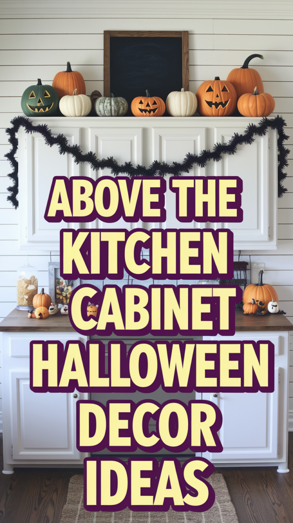 A kitchen cabinet decorated with Halloween pumpkins and black garland, featuring text about decor ideas.