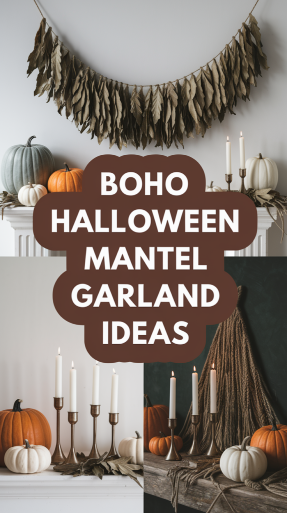 Autumnal mantel decor with pumpkins, candles, and a leaf garland, captioned "Boho Halloween Mantel Garland Ideas."