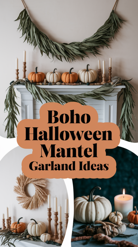 A mantel decorated with pumpkins, candles, and green garland, featuring text: "Boho Halloween Mantel Garland Ideas."