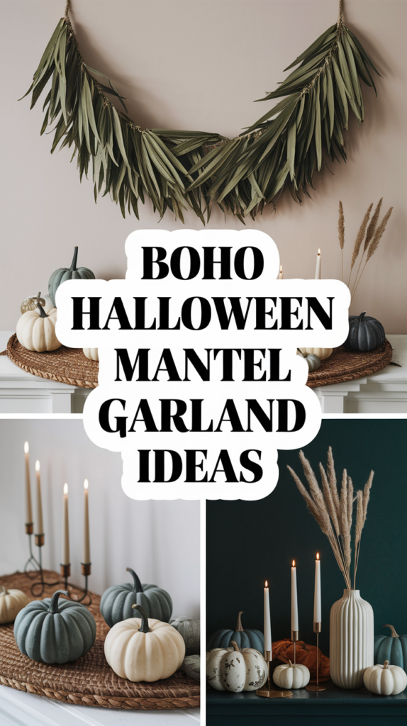 Bohemian-style Halloween mantel with palm leaf garland, pumpkins, candles, and pampas grass.