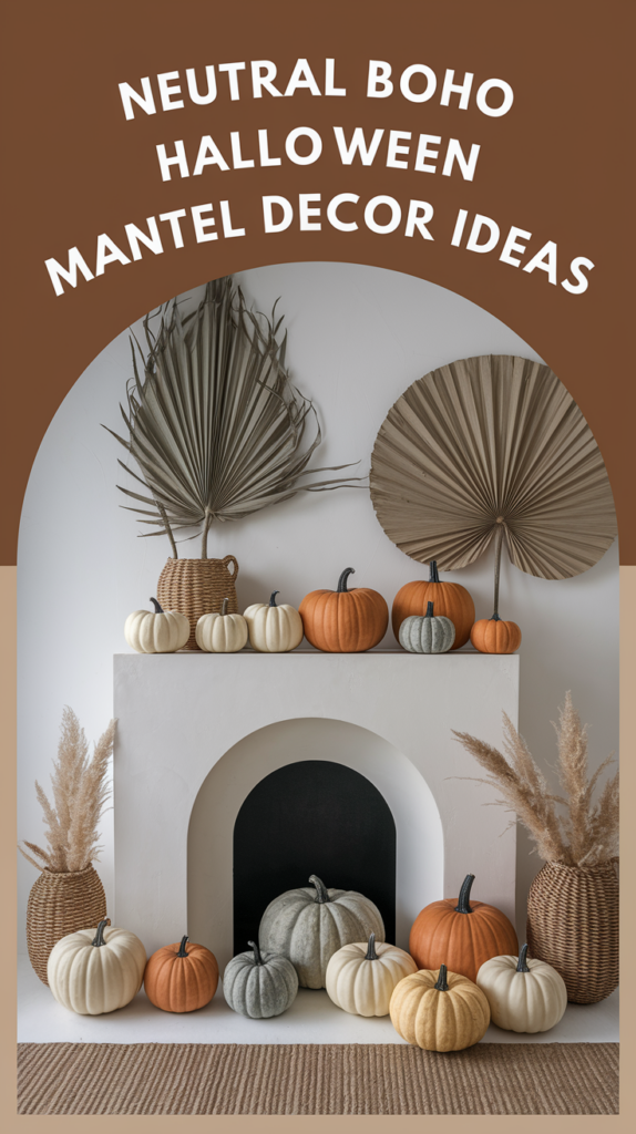 A mantel decorated for Halloween in a neutral boho style with pumpkins, pampas grass, and large leaf fans.