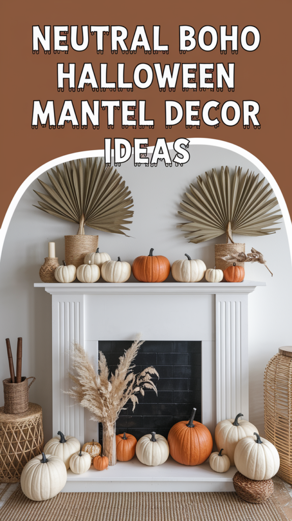 A white mantel decorated with various pumpkins, pampas grass, and palm leaves, with the text "Neutral Boho Halloween Mantel Decor Ideas."