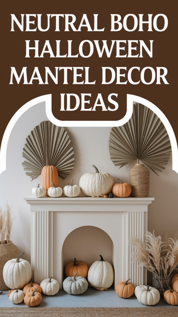 A mantel decorated with neutral-toned pumpkins and pampas grass, featuring large fan-shaped leaves.