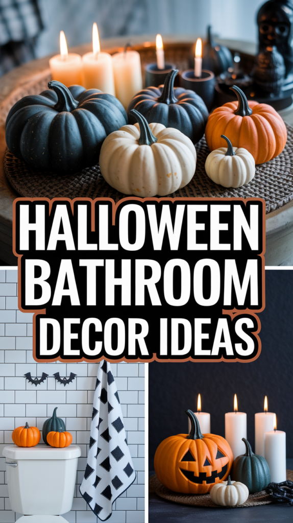 Assorted pumpkins and candles arranged in a bathroom setting, with bold text saying "Halloween Bathroom Decor Ideas."