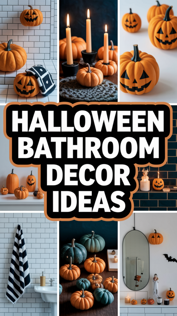 A collage of Halloween bathroom decor ideas featuring pumpkins, candles, and a striped towel against white tiles.