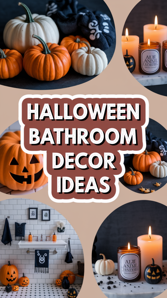 Collage of Halloween-themed bathroom decor with pumpkins, candles, and a banner.