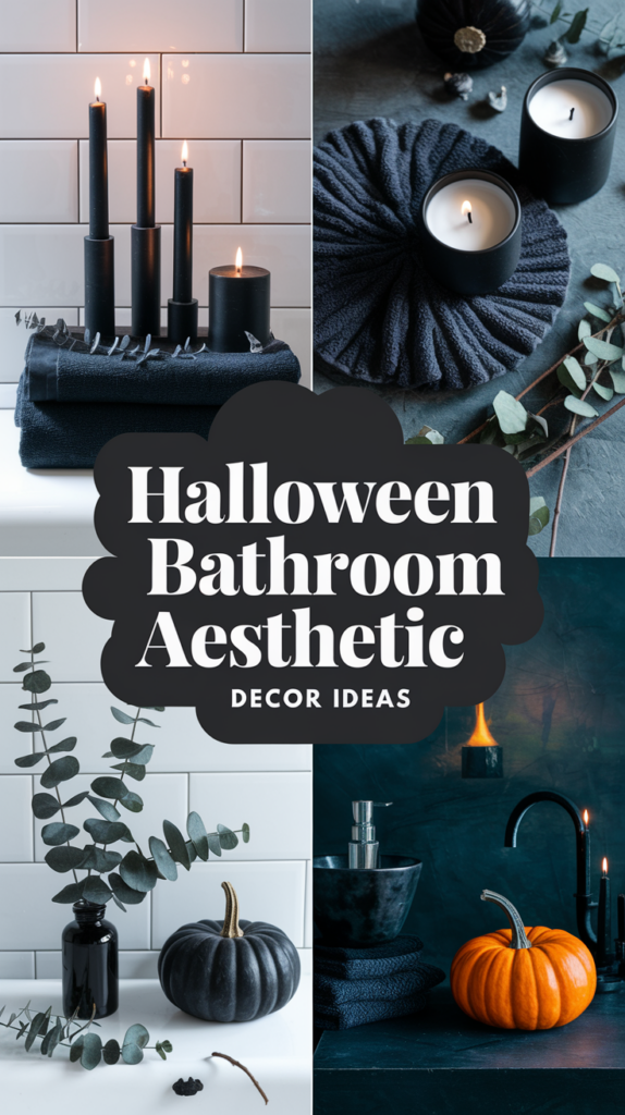 Halloween-themed bathroom decor featuring black candles, pumpkins, dark towels, and eucalyptus branches.