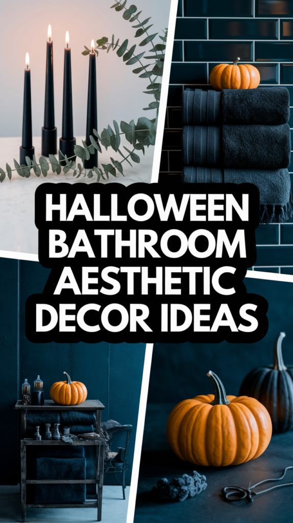 Black candles, pumpkins, and dark towels decorate a bathroom for a Halloween aesthetic.