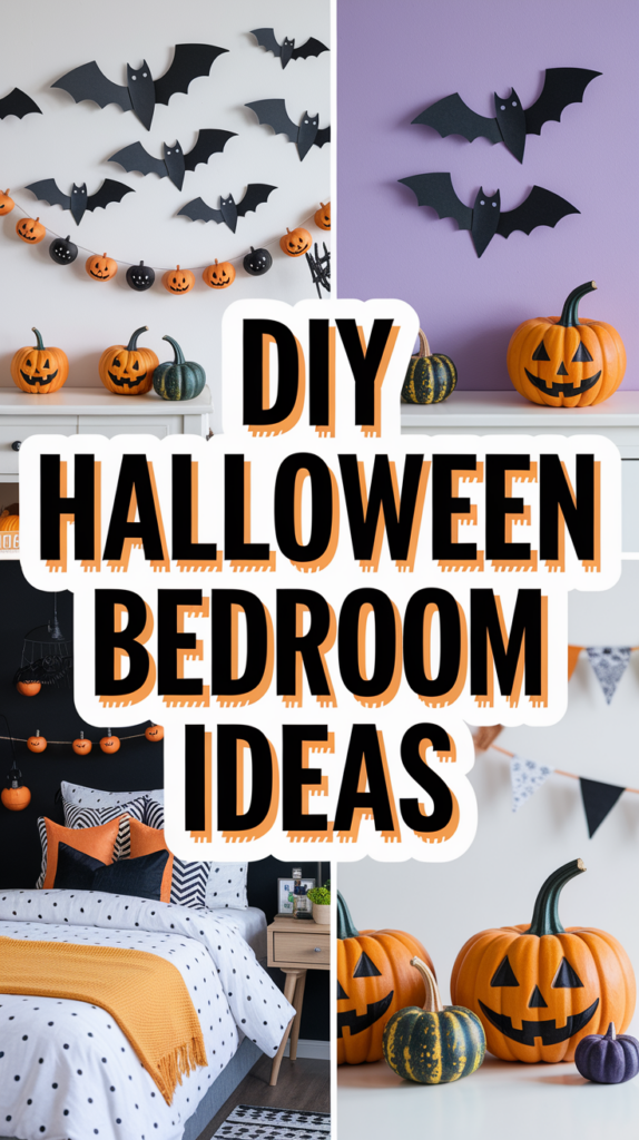 Decorated bedroom with Halloween pumpkins and bat cutouts, featuring DIY Halloween bedroom ideas text.