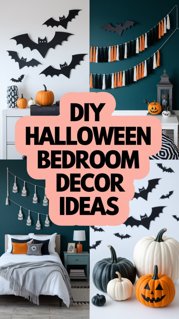 Collage of Halloween bedroom decor ideas with bats, pumpkins, and tassel garlands, featuring text in the center.