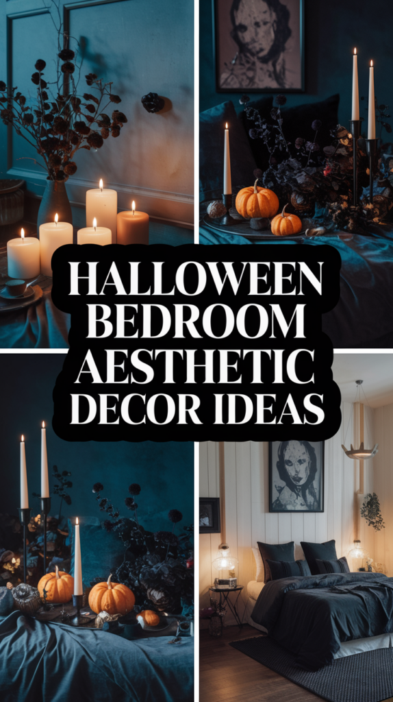 Collage of Halloween-themed bedroom decor with candles, pumpkins, and dark furnishings, featuring a large framed artwork.