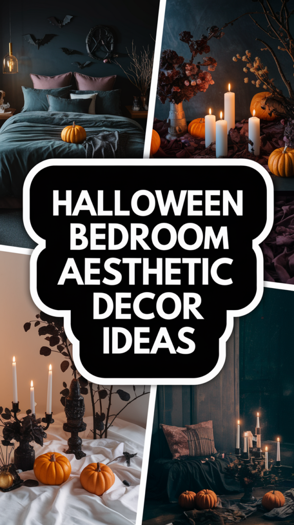 Halloween-themed bedrooms with pumpkins, candles, and dark, moody decorations; centered text reads "Halloween Bedroom Aesthetic Decor Ideas."