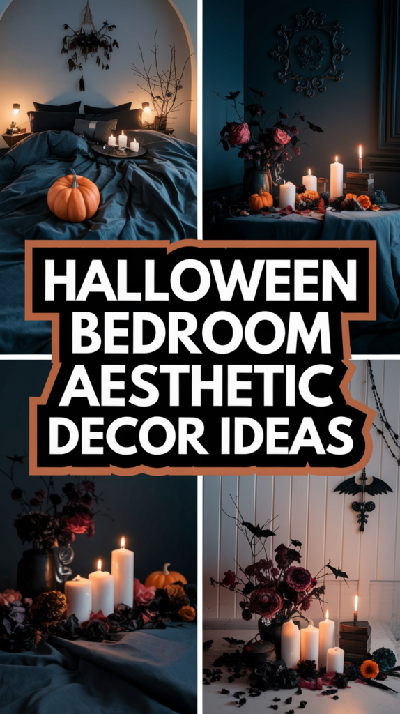 Collage of spooky Halloween bedroom decor with candles, pumpkins, dark linens, and moody lighting.