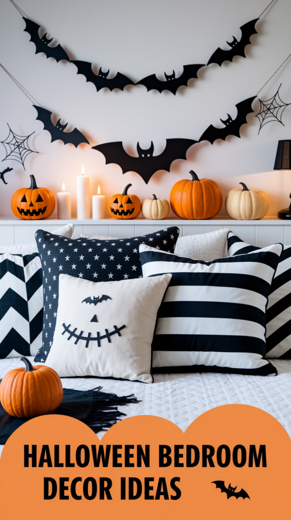 A bed decorated with black and white chevron pillows, pumpkins, bat cutouts, and lit candles for Halloween.