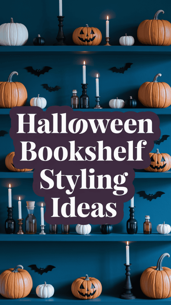 A bookshelf with pumpkins, candles, and bats, featuring text: "Halloween Bookshelf Styling Ideas."