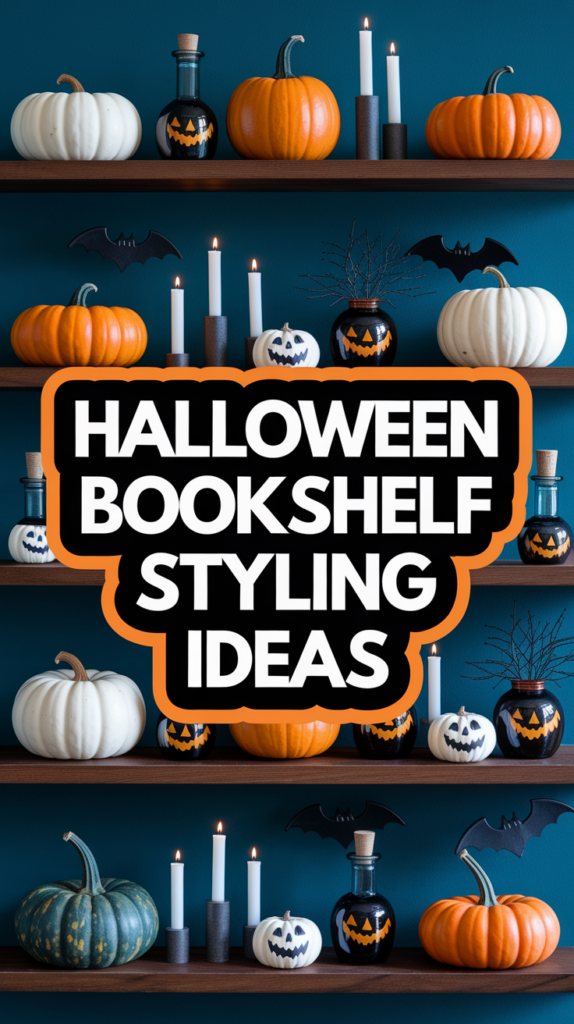 A bookshelf decorated with pumpkins, bats, candles, and Halloween-themed jars against a blue wall.