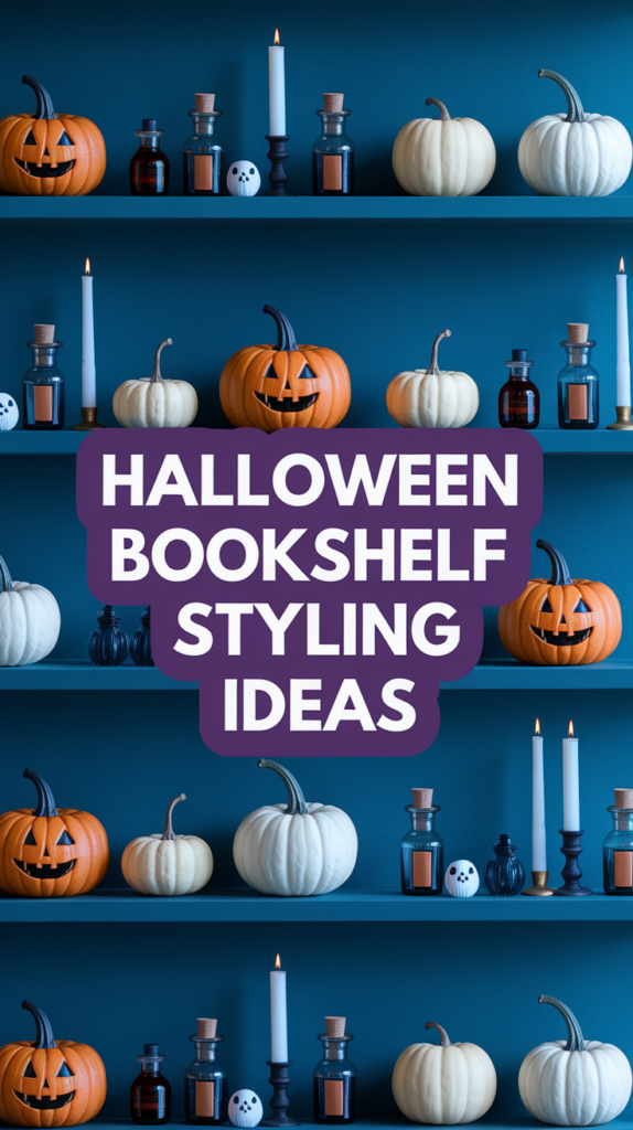 Shelves decorated with pumpkins, candles, and potion bottles, featuring text: "Halloween Bookshelf Styling Ideas."