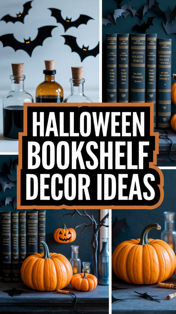 Halloween bookshelf decor featuring pumpkins, potion bottles, flying bats, and books with dark covers.
