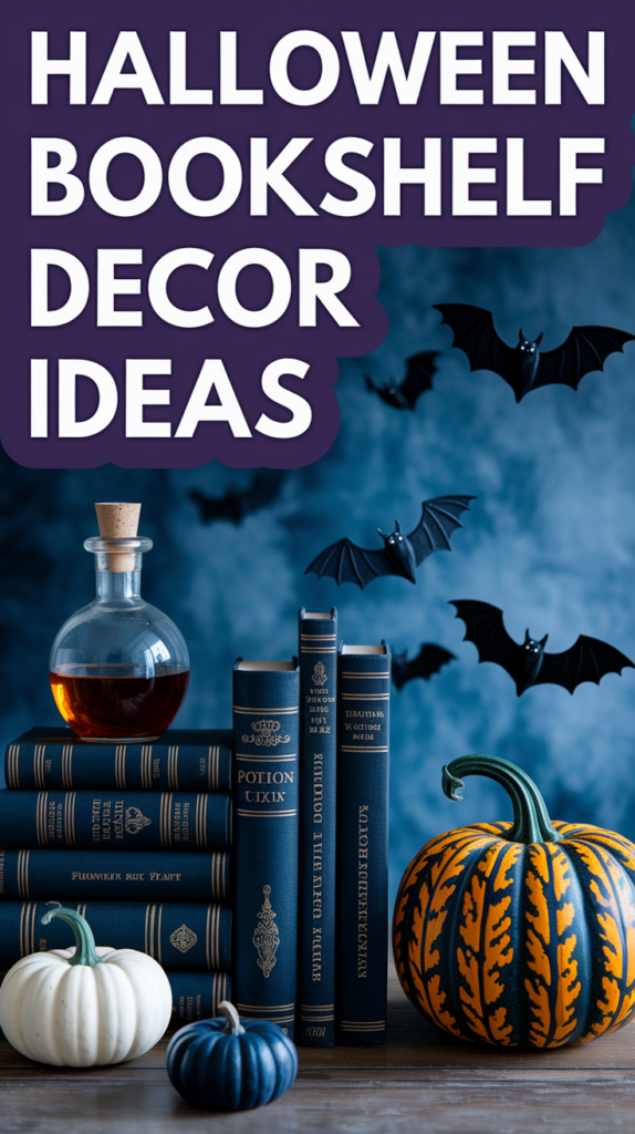 Books and pumpkins on a shelf with flying bats, alongside text: "Halloween Bookshelf Decor Ideas."