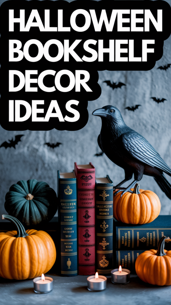 Books and small pumpkins on a shelf with a crow figurine and flying bat decorations; bold text reads "Halloween Bookshelf Decor Ideas."