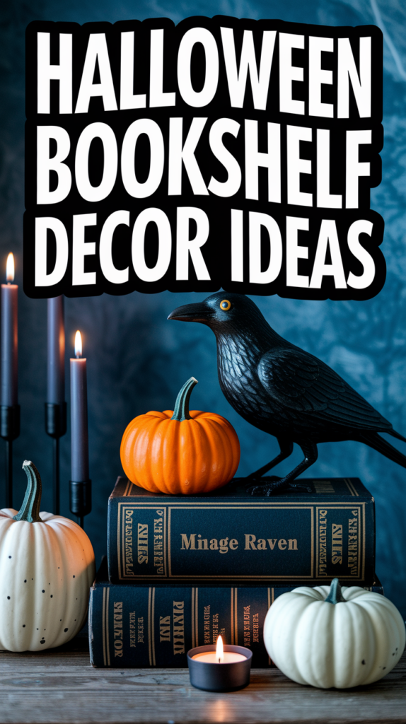 A Halloween-themed bookshelf with stacked books, small pumpkins, a black crow figurine, black candles, and text: "Halloween Bookshelf Decor Ideas".