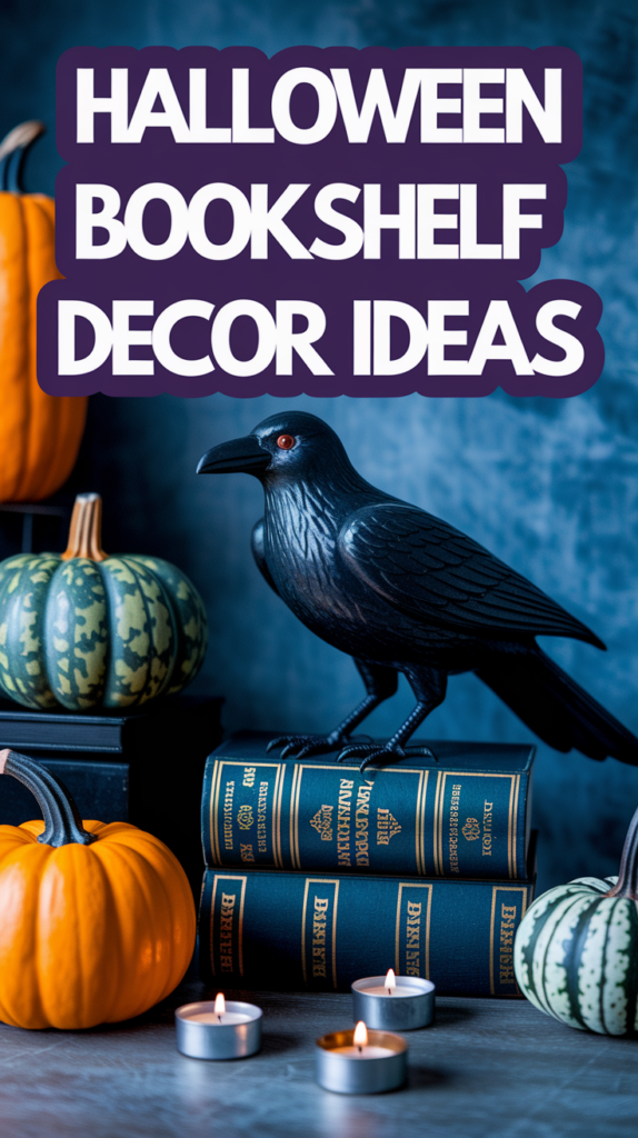 Pumpkins, a raven figurine, and candles on books with "Halloween Bookshelf Decor Ideas" text above.
