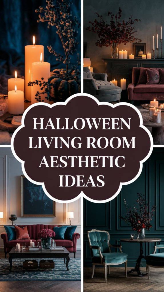 Collage of cozy living rooms with candlelight and Halloween decor, showcasing pumpkins, flowers, and dark, moody colors.