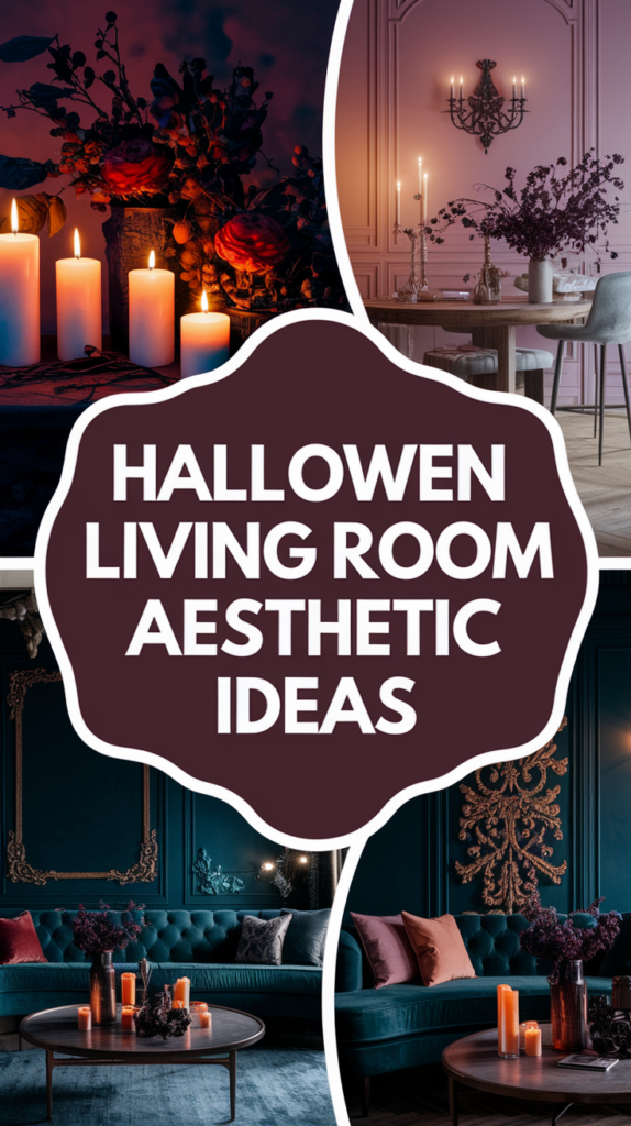 Collage of Halloween-themed living room decor with candles, floral arrangements, and dark, moody lighting.