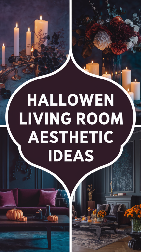 Collage of Halloween decor, including candles, flowers, and pumpkins, with the text "Halloween Living Room Aesthetic Ideas" in the center.