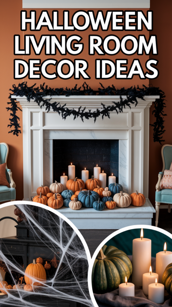 Halloween-themed living room with pumpkins, candles, black garland, and spider webs for decoration.