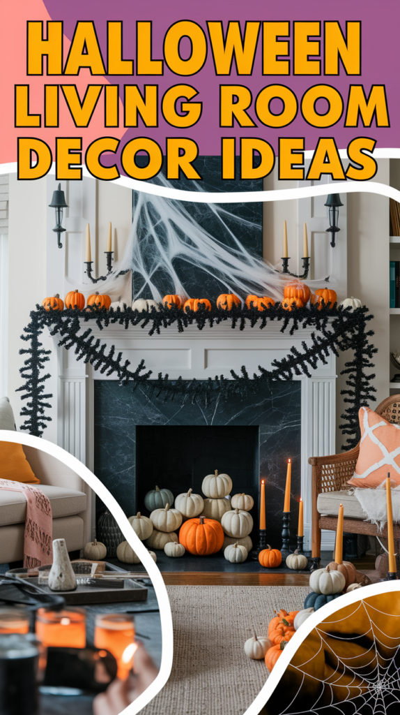 A living room decorated for Halloween with pumpkins, black garland, and cobwebs on the mantel.